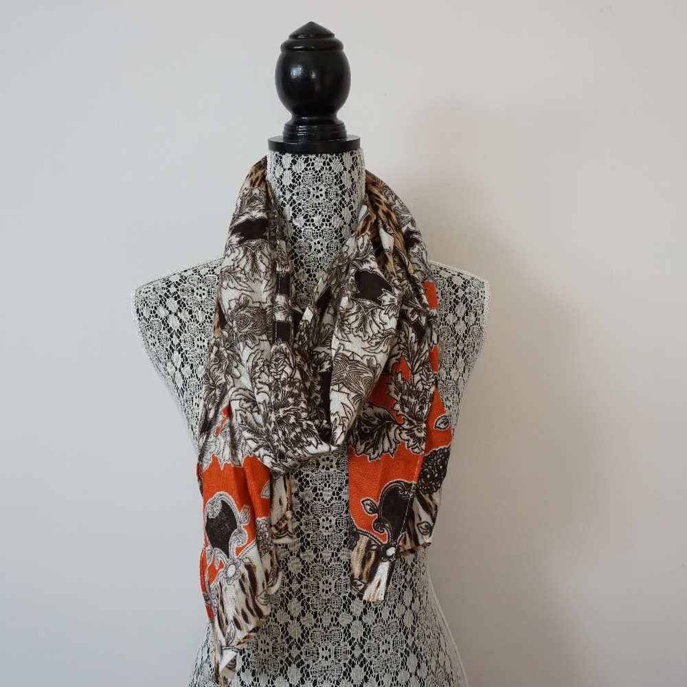 Chico's Brown Floral and Animal Print Angled Scarf